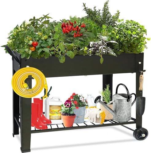 Raised Garden Bed, Outdoor Planter Box, Rectangle Planting Raised Bed, Metal Raised Bed with Legs and Storage Shelf, Elevated Planter Box for Growing Flowers, Vegetables and Herbs, 101x28x80 cm, Black