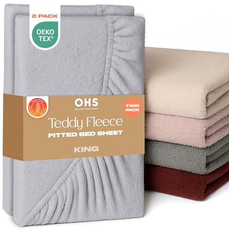 Brentfords 2 Pack King Size Bed Sheet, Soft Warm Thermal King size Teddy Fleece Fitted Sheet Deep Pocket 25cm Fade Resistant Cuddly Cosy Fluffy Teddy Bear Bedding 2 Pack, Grey Silver