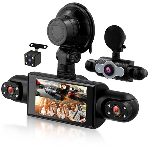 Rimoody 4 Canali Dashcam Auto 360°, 4 Telecamera HD 1080P Anteriore e Posteriore Sinistra Destra, 3 Pollici IPS Schermo Dash Cam con Visione Notturna 8 IR/Loop Video/24H Parcheggio Monitor