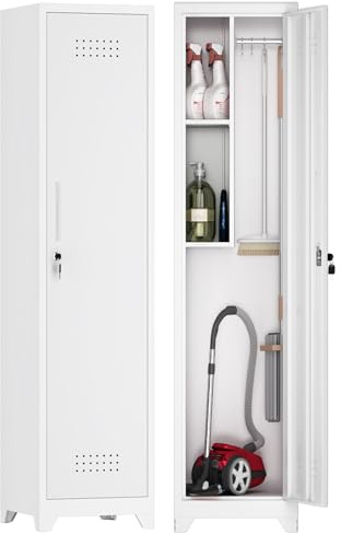 GREATMEET Broom Closet Storage Cabinet, Metal Utility Cabinet, Tall Laundry Room Cabinet, Slim Storage Cabinets for Laundry, Living Room, Office, White