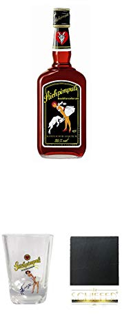 Stichpimpuli bockforcelorum Speziallikör 0,7 Liter + Stichpimpuli Shot Glas mit Schriftzug und Eichstrich 2 cl + Schiefer Glasuntersetzer eckig ca. 9,5 cm Durchmesser