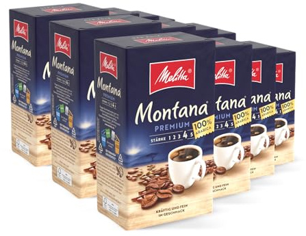 Melitta Montana Premium Filter-Kaffee 12 x 500g, gemahlen, Pulver für Filterkaffeemaschinen, 100% Arabica, starke Röstung, geröstet in Deutschland, im Tray
