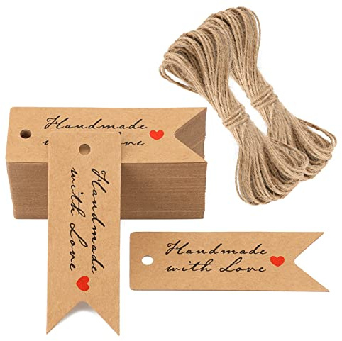 G2PLUS 100PCS Handmade with Love Tags, 2.8X1 in Mini Kraft Paper Handmade Gift Tags with String for Wedding, Birthday Party Favors Gift Wrapping, Small Business, DIY Arts and Crafts