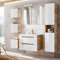 Lomadox Badmöbel Komplett Set, Hochglanz weiß mit Wotan Eiche Nb., 81 cm Keramik-Waschtisch, LED-Spiegelschrank, Hochschrank und 3 Hängeschränke