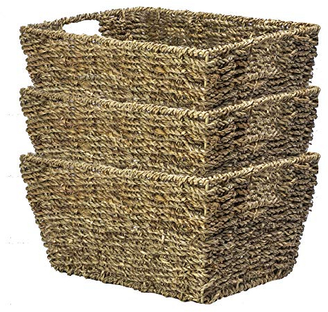 Natural Seagrass Storage Basket Set of 3 – Handwoven Hampers with Handles | Nesting Bathroom, Home Office & Bedroom Organizers – Rustic Wicker Style | M&W