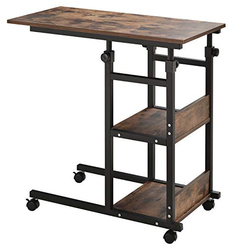 HOMCOM Table d'appoint Table basse avec roulettes, bureau réglable en hauteur avec 2 étagères inférieures, table basse pour ordinateur portable, table de lit, pour salle à manger salon, métal, brun