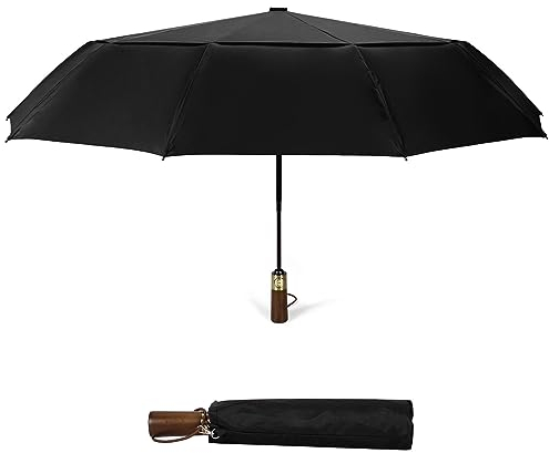 ECOHUB Travel Umbrella Windproof Strong With Compact Foldable, Automatic Open/Close, 10 Sturdy Ribs, Recycled PET Fabric, Wooden Handle & Ventilated Waterproof Canopy - Anti-Lost Sleeve, Black