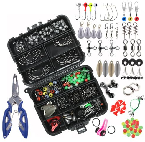 NUZAMAS Set di 188 accessori da pesca, esca, pesca in mare, pesca con roccia, set box con gancio girevole, pinza per esche, spago, perline, anelli divisori