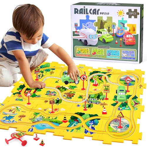 Carrello Elettrico Assemblato Fai-Da-Te, Set da Gioco Educativo per Auto con Pista Puzzle, Piste Puzzle con Veicoli, Set da Gioco con Pista Puzzle per Ragazzi e Ragazze di 3+ Anni (Dinosauro)