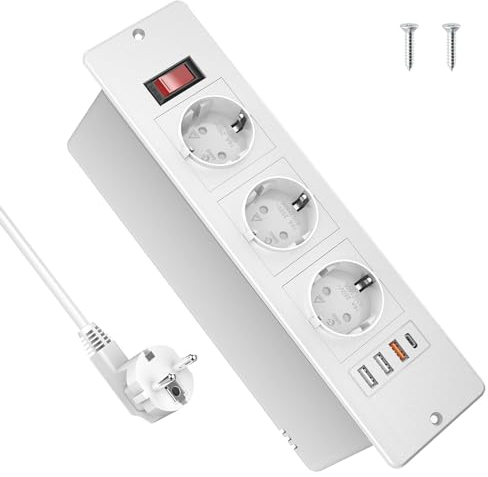 Presa da Tavolo a Scomparsa con USB C PD 20W e 3 USB, Multipresa da Scrivania 3 Prese da Incasso con Interruttore, Cavo da 2M, Presa Multipla per Mobili o Superfici di Lavoro, Bianco