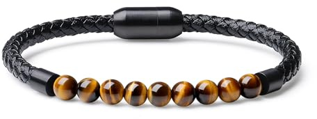 COAI Bracciale di Vera Pelle da Uomo con Perline di Pietre Dure Occhio di Tigre S