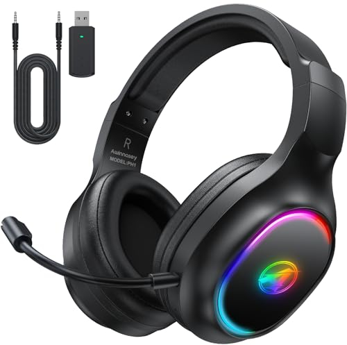 Awinnasey Wireless Gaming Headset für PS4, PS5, PC, Mac, Switch, 2,4 GHz Gaming Kopfhörer mit Geräuschunterdrückung und RGB Licht, Bluetooth Kopfhörer mit Kabel 3.5mm, Schwarz