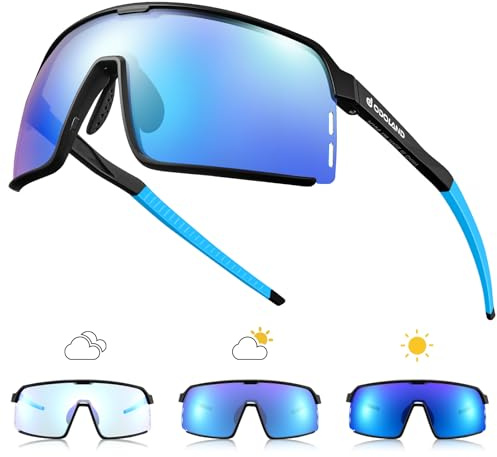 Odoland Gafas Deportivas Hombre Fotocromáticas Gafas de Sol para Ciclismo UV400 lentes Intercambiables Gafas Correr para MTB Bicicleta Running Mujeres, Azul