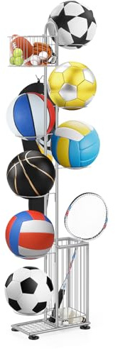 smusei Ball Rack Metal, Estantería de 7 niveles para pelotas, soporte vertical para pelotas con 2 cestas y ganchos, organizador de material deportivo para baloncesto, fútbol, voleibol, etc. - Plata
