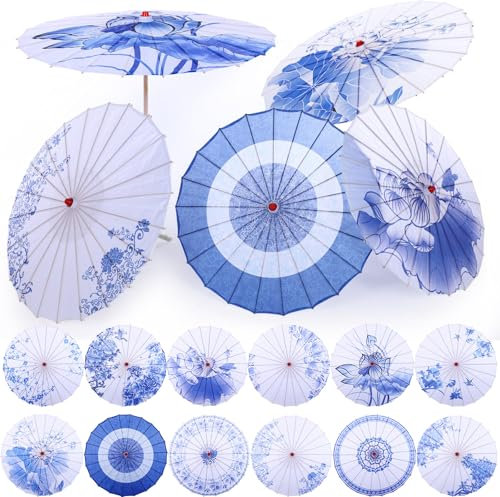 Shinylin 12 Pcs Chinese Oiled Paper Umbrella for Weddings 32 Inch Bamboo Silk Chinese Japanese Parasol Flower Art Dance Umbrella for Bridal Showers Favor Photography Costumes(White Blue,Elegant)