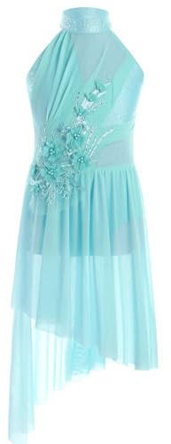inlzdz Kids Girls Sleeveless Rhinestones Flower Applique Lyrical Ballet Leotard Dress Contemporary Latin Dance Costume Light Blue 7-8 Years