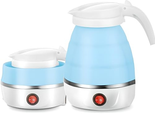 AHDXKUE Foldable Electric Kettle, 600ML Silicone Mini Portable Travel Kettle, Tea Coffee Maker with Separable Power Cord for Outdoor Hiking, Blue