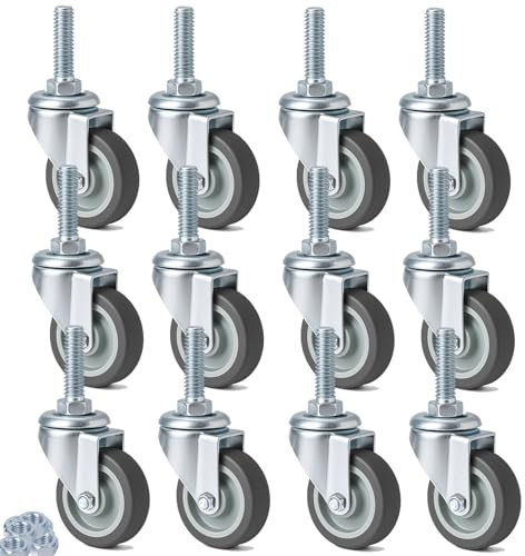 RRIUTO Juego de 12 Ruedas Giratorias con Vástago M12 x 1,75 x 30mm, Ruedas para Muebles Pesados Giratorio 360 Grados, Hasta 50 kg por Rueda, 50MM Ruedas de Transporte para Mover Carros, Estanterías