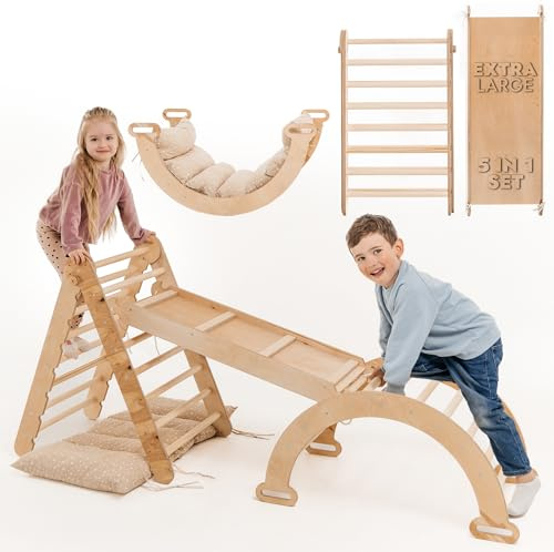 Goodevas Extra Large 4-In-1 Indoor Climbing Frame For Toddlers - Wooden Triangle, Arch, Ramp & Cushion, Montessori Gym, Foldable Toys For Kids 1-5 Age