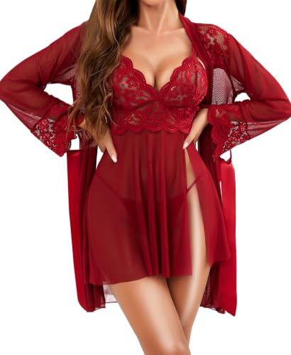RSLOVE Lencería Sexy Mujer Conjunto de Lingerie de 3 Piezas Babydoll de Encaje con Tanga