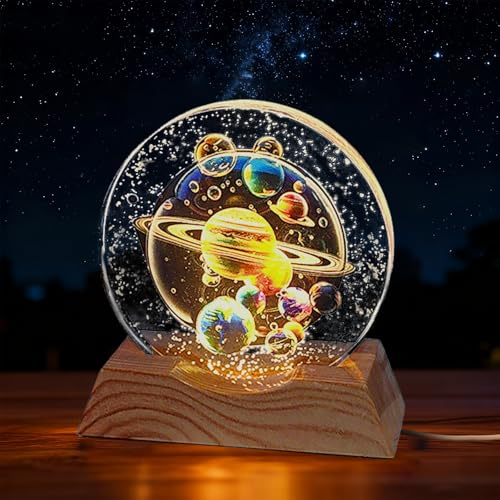 TZQFROCE 3D Sfera di Cristallo Luce Notturna USB 3D Pianeta Sfera di Cristallo Sistema Solare Mezza Sfera di Cristallo Scena Notturna Creativa Astronomia Palla per Natale Compleanno Decorazione Casa