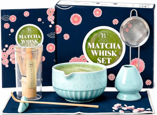 Matcha Kit – Matcha Set con Ciotola in Ceramica, Frusta in Bambù, Cucchiaio, Setaccio, Poggia Cucchiaio, Supporto per Frusta, Panno + Manuale – Kit Tradizionale per Cerimonia del Tè Giapponese