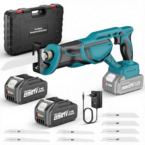 Yofuly Sega a Gattuccio per Maa-kita 18V Batterie, 2 Batterie da 4,0Ah, 2025 Aggiornamento Gattuccio a Batteria 3500spm, 28mm Lunghezza Corsa, Sega Alternativa con 8 Lame per Legno/Metallo/PVC