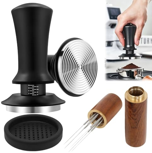 Rkixlix Tamper Prensadores de Café 51mm con Muelle 3-En-1 Tamper Alfombrilla y Con Herramienta Wdt 6 Agujas Inoxidables Distribuidor Cafe Accesorios de Café Kit Barista para Prensar Café Espresso