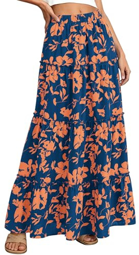 BTFBM Floral Maxi Skirts for Women Summer Spring 2026 Elastic Waist Tiered Flowy Beach Vacation Boho Midi Long Skirt(Floral Blue Orange, Medium)