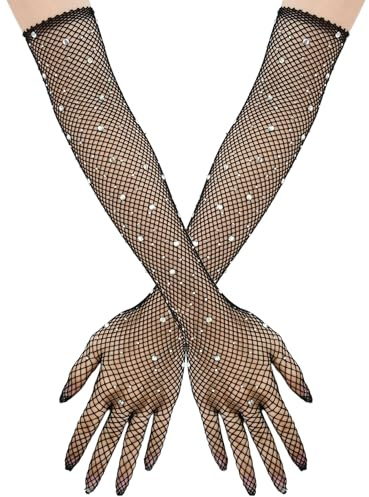 SSIMIDAPT 1 par långa näthandskar med Strass, Långa Näthandskar, Långa Strass Handskar, Långa Näthandskar Dam, För Middagar Dansar Operor, Svart, Taglia unica