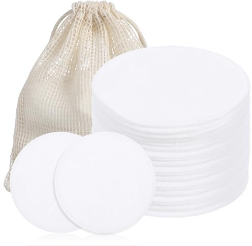 Grevosea 20 Pcs Reusable Makeup Remover Pads, Cotton Rounds for Face with a Mesh Washable Laundry Bag Soft Cotton Face Pads for Makeup Removal Facial Cleansing Skincare Travel Essentials (White)