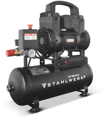 STAHLWERK Compresseur avec cuve 9 L (ST-98 Pro) – sans huile & silencieux, 8 bar, compresseur d'air avec moteurs sans balais, 1,22 CV, 0,90 kW, 170 l/min, compresseur à pistons silencieux