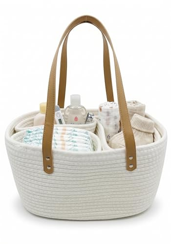 Genérico Organizador de pañales para bebé de cuerda de algodón, cesta cambiador con asas para pañales, toallitas y cremas, color crema, compartimentos intercambiables 35 x 25 x 18 cm