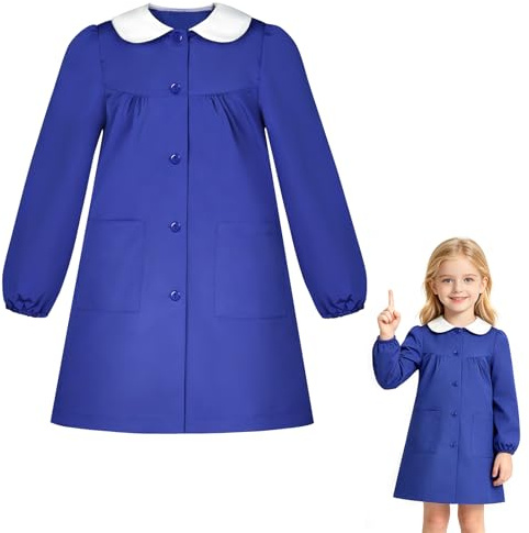 DiULi Tablier Peinture Enfant Fille 7-12 Ans, Blouse Imperméable Anti-taches avec Manches Longues et Poche, Tablier Cuisine École Artisanat pour Garçons et Filles, Bleu-9A