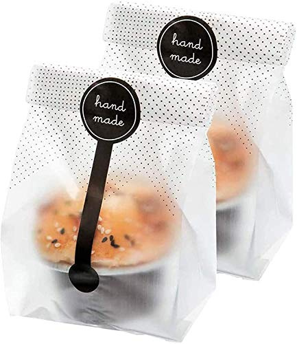 (200Pcs)100pcs Translucent Plastic Bags/Bakery Bags with 100pcs Hand made Stickers for Cookie Cake Chocolate Candy Snack Wrapping Good for Bakery Party Supplies