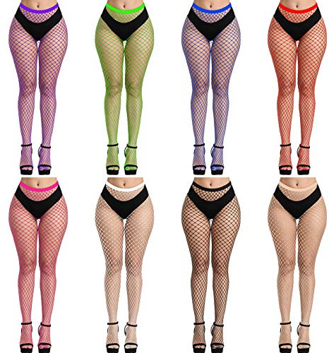 FEPITO Bas Résille Collants Résille Bas Mailles Collants à Bretelles pour femme, noir, 8 Pairs, 8 Colors Set, Taille unique