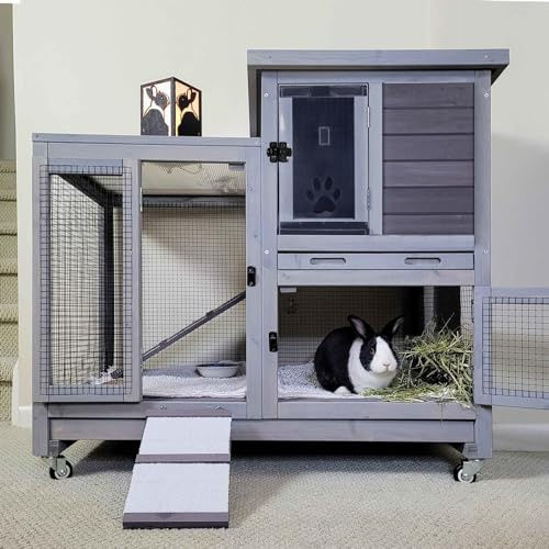 Rabbit Hutch Indoor Rabbit Cage, Large Bunny Hutch Outdoor with Wheels-Removable Wire Netting Include