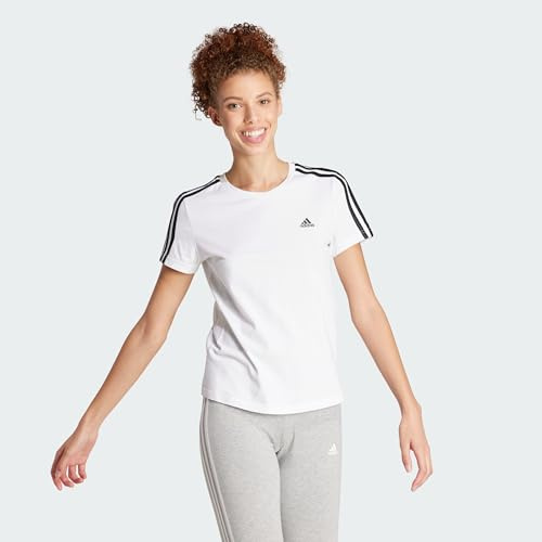 adidas Mujer Essentials Slim 3-Stripes Tee, White / Black, XXS