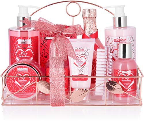 BRUBAKER Cosmetics - Coffret de bain & douche - Framboise/Champagne - 10 Pièces - Étagère de bain décorative - Or rose - Idée cadeau Femme