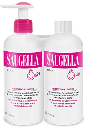Saugella Girl, Detergente Intimo Delicato, pH 4.5, con Estratti di Malva e Calendula, Adatto dai 3 Anni alla Pubertà, Contro Prurito e Bruciore, Due Confezioni da 200 ml