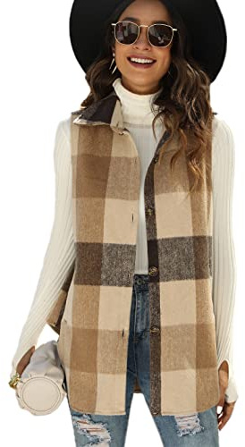 Tanming Women's Plaid Vest Brushed Flannel Sleeveless Shacket Shirt Jacket with Pockets(Brown-L)