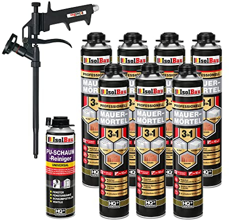 Isolbau Mauermörtel Set: 7x 750 ml PU-Mörtel 1x 500 ml Pistolenreiniger 1x Teflon Schaumpistole, PU-Reiniger, Montageschaum, Pistolenschaum