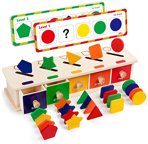 Coogam Montessori Toys Boîte de tri géométrique en bois pour apprentissage précoce Jouet éducatif Cadeau pour les tout-petits de 3, 4, 5 ans