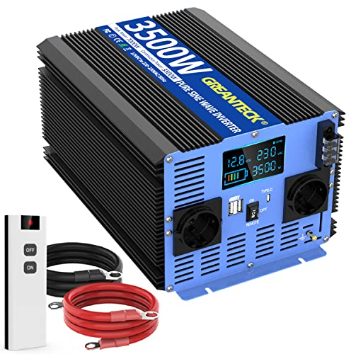 Wechselrichter 12V auf 230V Reiner Sinus 3500w, Solar Wechselrichter mit Type-C,USB, LCD-Anzeige, Fernbedienung, 2 EU-Steckdosen, AC-Anschlussblöcke für Wohnmobil Auto LKW Sonnensystem