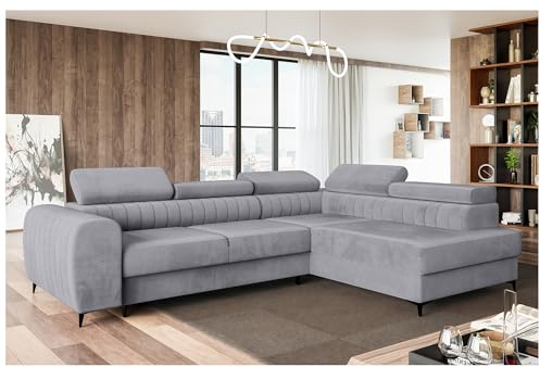 MEBLINI Schlafcouch mit Bettkasten - Ecksofa mit Schlaffunktion - Sofa mit Relaxfunktion und Kopfstützen - Couch L-Form - Eckcouch - Wohnlandschaft - Porto - 269x204x72cm Rechts - Grau Samt