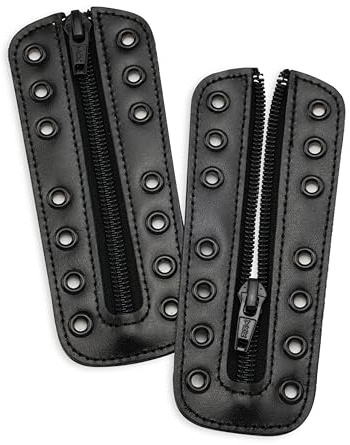 Soletec Leather Lace-in Boot Zipper Inserts for All Brands, Tieless Shoe Laces, 7 Non Isometric Black Eyelets, 1 Pair, Black