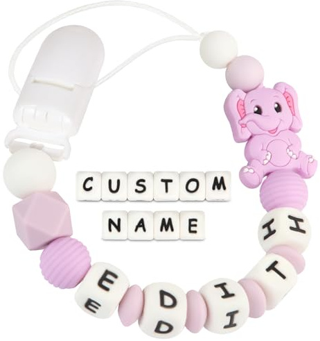 Kowlone Attache Sucette Nom Personnalisé Prenom Silicones Éléphant Attache Tétine en Clips Chaîne pour Bébé Filles Garçons(Violet)
