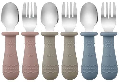 PandaEar 6 Pack Toddler Cutlery Set| Baby Fork and Spoon Set| Stainless Steel Childrens Kids Cutlery| Baby Cutlery Self Feeding 12 Months Plus with Silicone Holding Anti-Choke Design (Blue/Brown/Red)