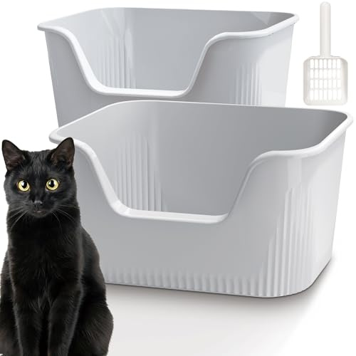 Vealind Cat Litter Tray High Sided with Side Entry 2 PCS Cat Litter Box with Litter Scoop 100% Leak Proof Anti Splash Deep Kitten Litter Tray
