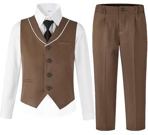 LOLANTA Completo 4 Pezzi Elegante per Bambino, Gilet e Pantalone con Camicia e Papillon, Abito da Cerimonia per Matrimonio e Battesimo(11-12 Anni, Marrone, Dimensione del Tag 160)